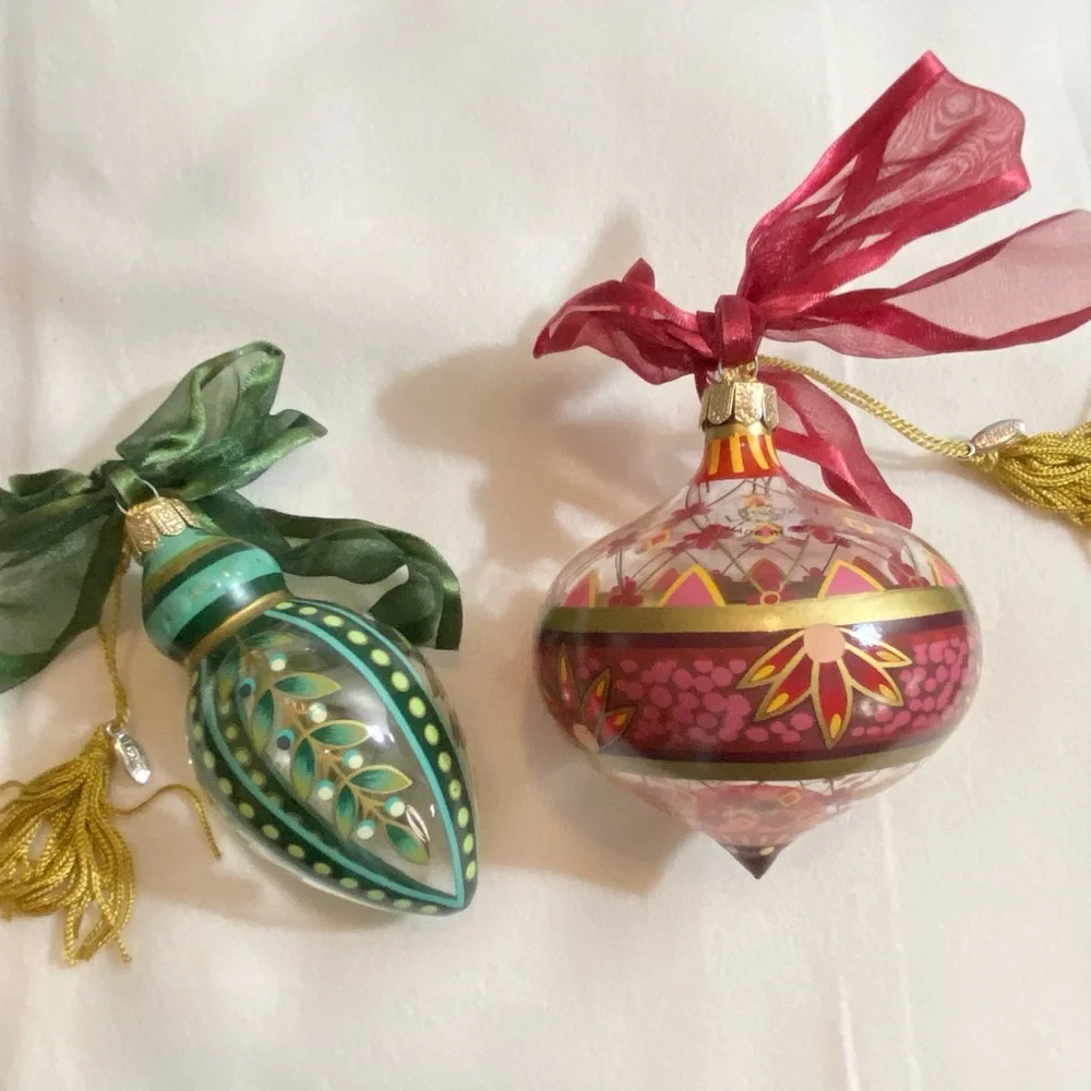 Lenox Hand Painted Gems Glass Christmas Bulb Ornaments Set of 2